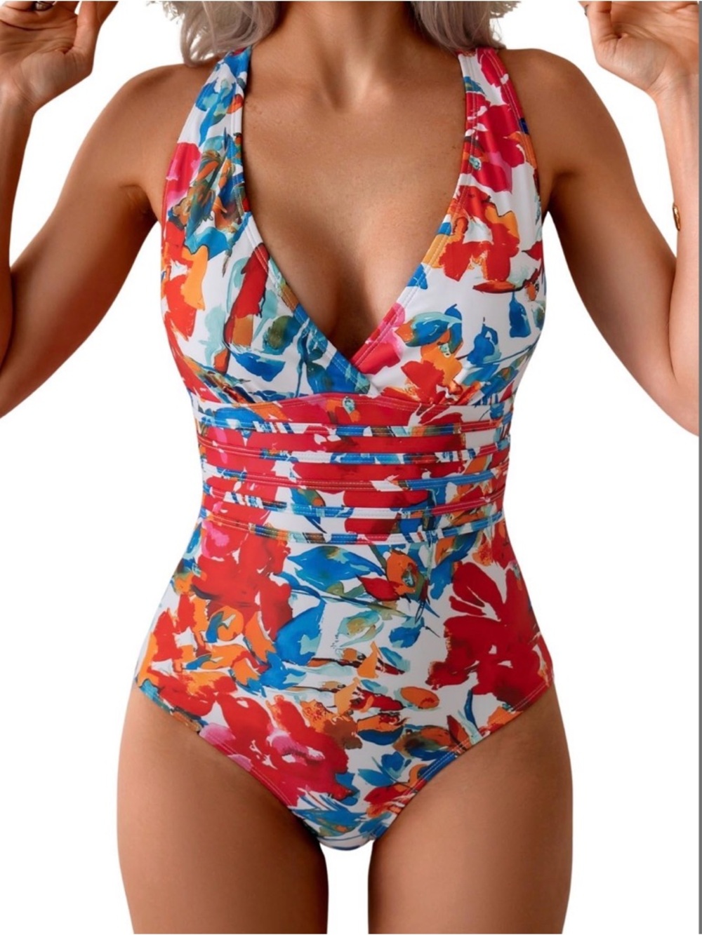 Eomenie One Piece Swimsuit Tummy Control V Neck Cross Back Red Floral L NWT